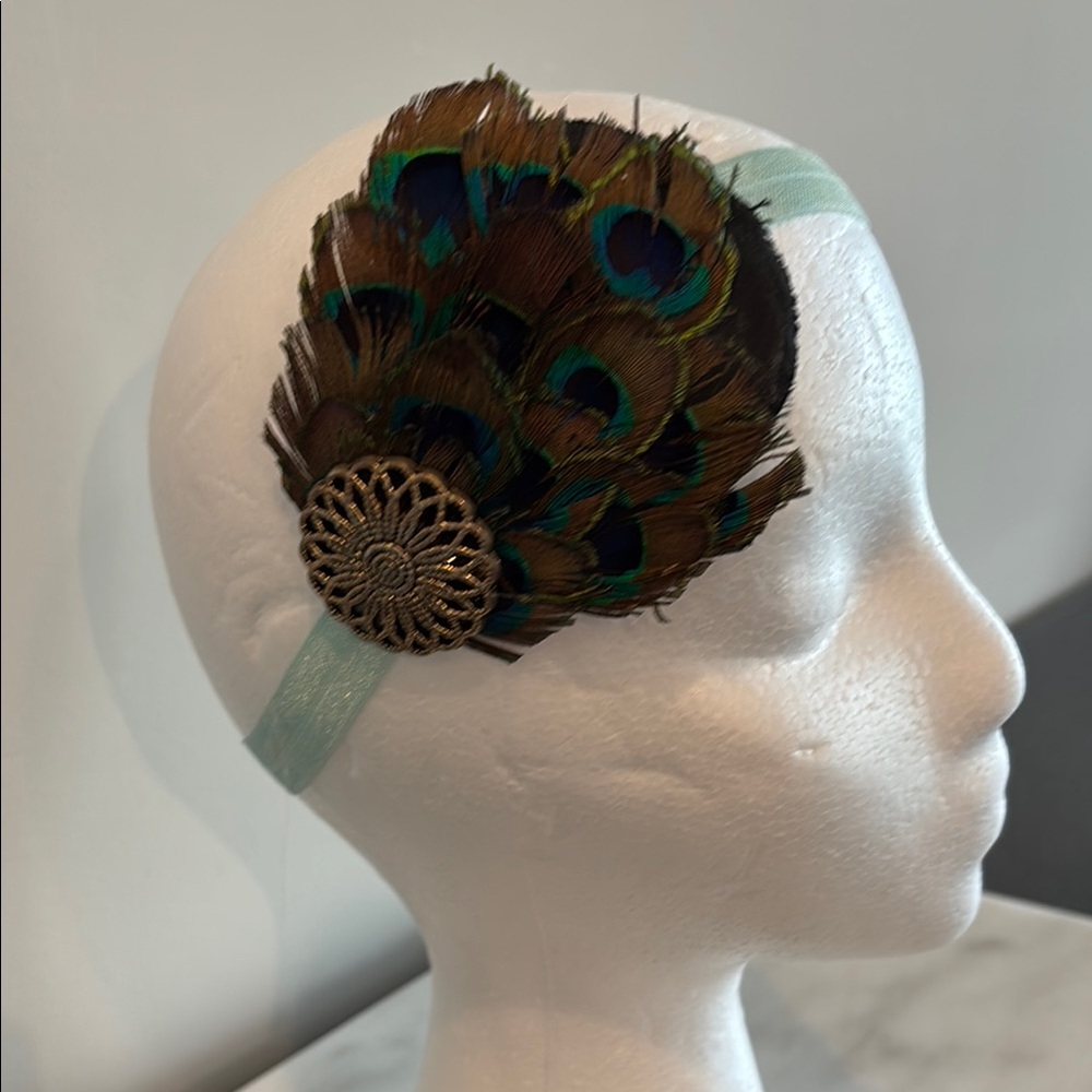 Brown and Green Hair Accessory with Peacock Feathers